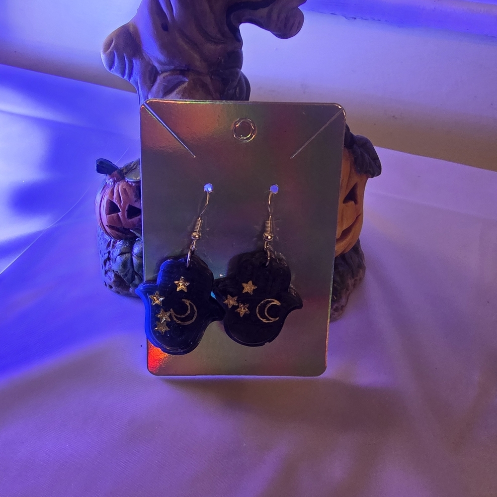 Black Hand Of Hamsa With Stars & Moon Gothic Halloween Dangle Hook Earrings